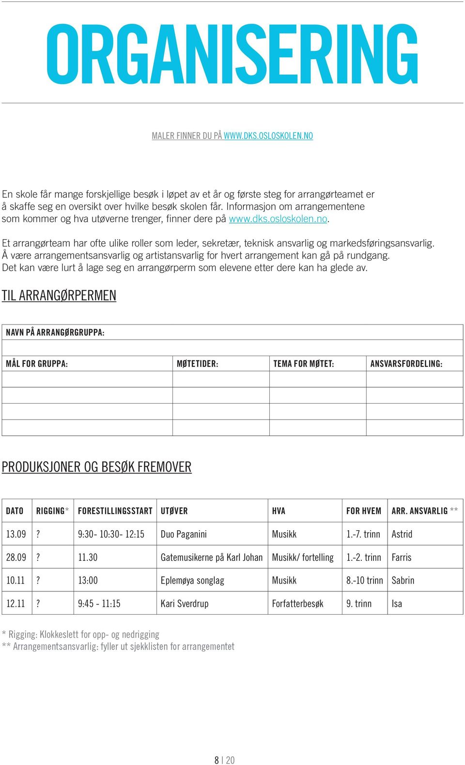 Et arrangørteam har ofte ulike roller som leder, sekretær, teknisk ansvarlig og markedsføringsansvarlig. Å være arrangementsansvarlig og artistansvarlig for hvert arrangement kan gå på rundgang.