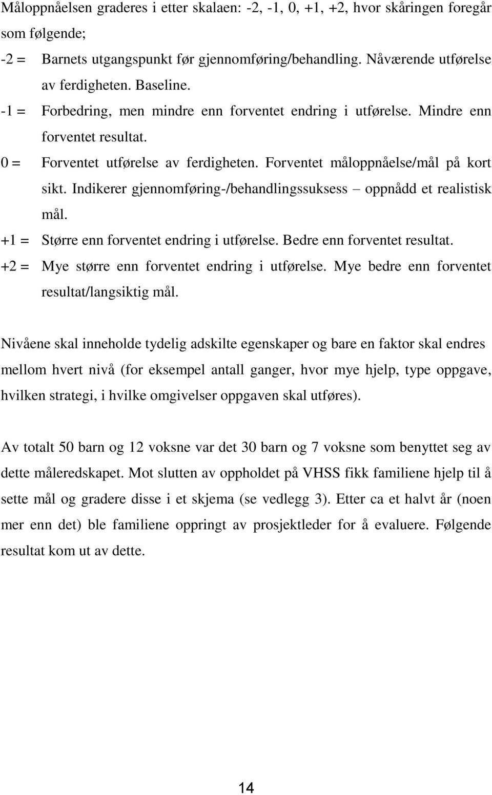 Indikerer gjennomføring-/behandlingssuksess oppnådd et realistisk mål. +1 = Større enn forventet endring i utførelse. Bedre enn forventet resultat. +2 = Mye større enn forventet endring i utførelse.