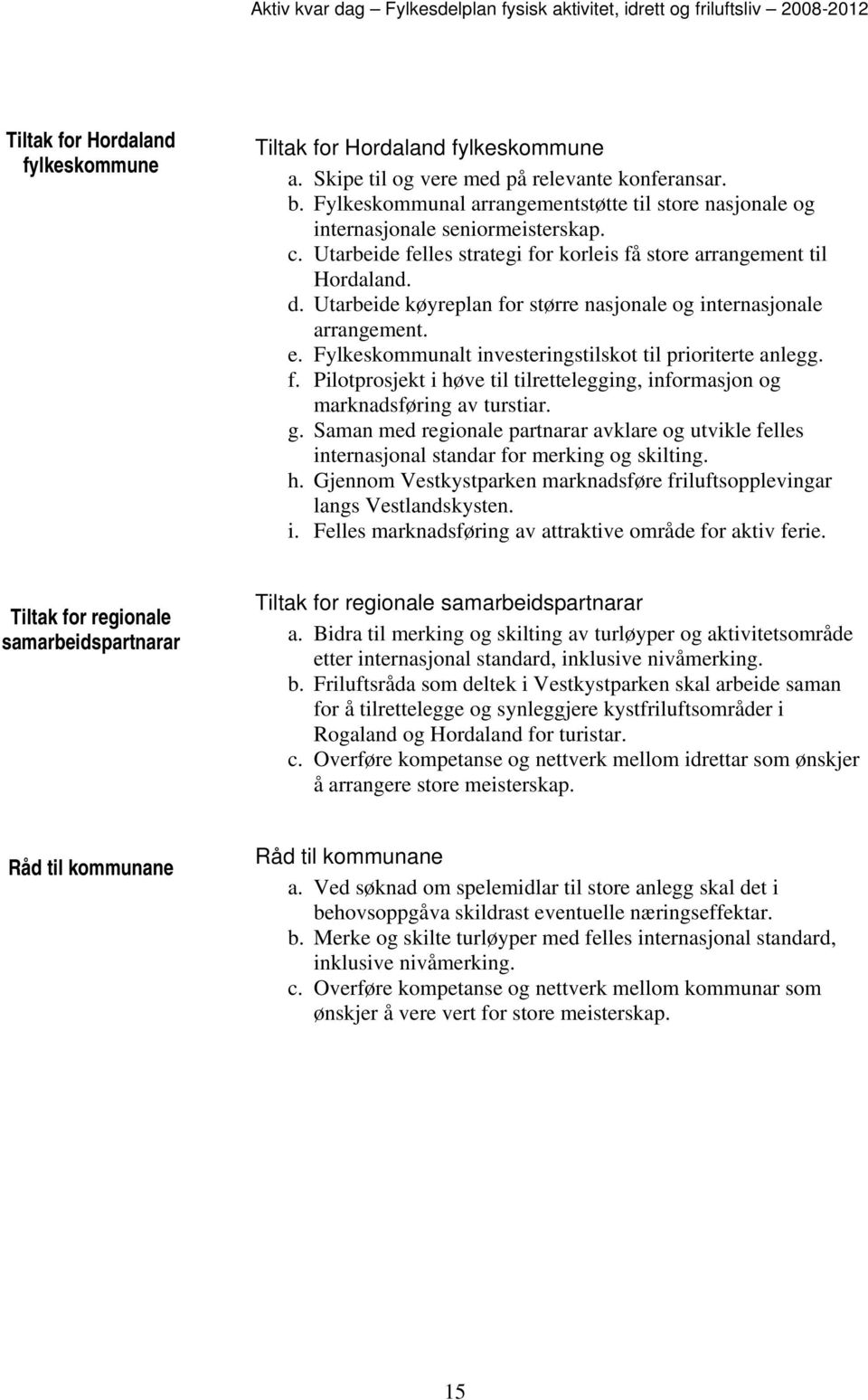 Utarbeide køyreplan for større nasjonale og internasjonale arrangement. e. Fylkeskommunalt investeringstilskot til prioriterte anlegg. f. Pilotprosjekt i høve til tilrettelegging, informasjon og marknadsføring av turstiar.