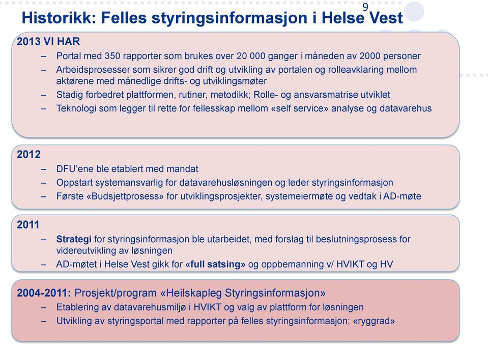 rette for fellesskap mellom «self service» analyse og datavarehus 2012 DFU ene ble etablert med mandat Oppstart systemansvarlig for datavarehusløsningen og leder styringsinformasjon Første