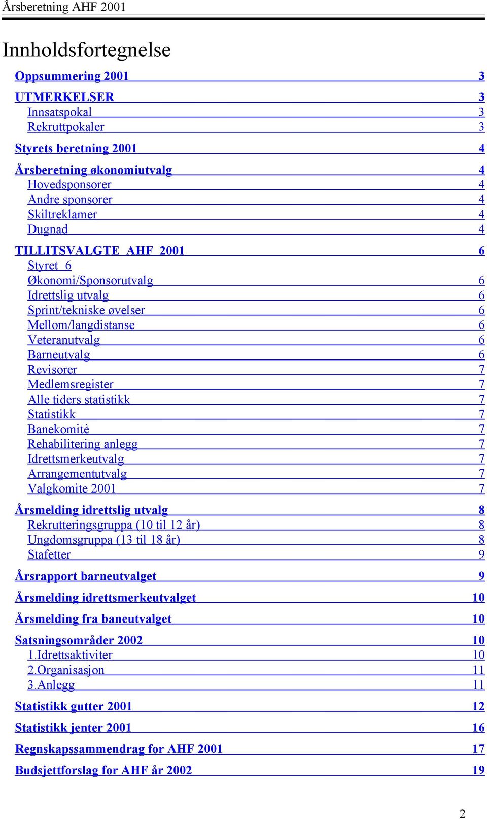 Medlemsregister 7 Alle tiders statistikk 7 Statistikk 7 Banekomitè 7 Rehabilitering anlegg 7 Idrettsmerkeutvalg 7 Arrangementutvalg 7 Valgkomite 2001 7 Årsmelding idrettslig utvalg 8