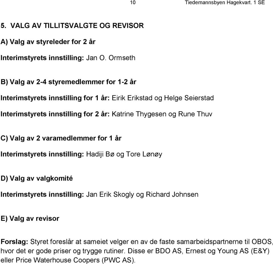 Thuv C) Valg av 2 varamedlemmer for 1 år Interimstyrets innstilling: Hadiji Bø og Tore Lønøy D) Valg av valgkomité Interimstyrets innstilling: Jan Erik Skogly og Richard Johnsen E)