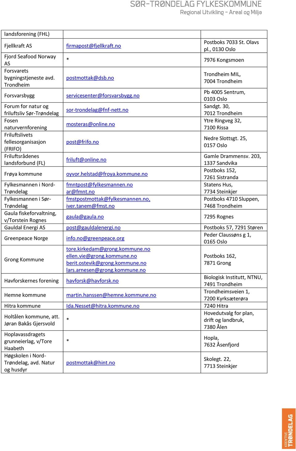 no friluftsliv Sør- Fosen Ytre Ringveg 32, mosteras@online.no naturvernforening 7100 Rissa Friluftslivets Nedre Slottsgt. 25, fellesorganisasjon post@frifo.