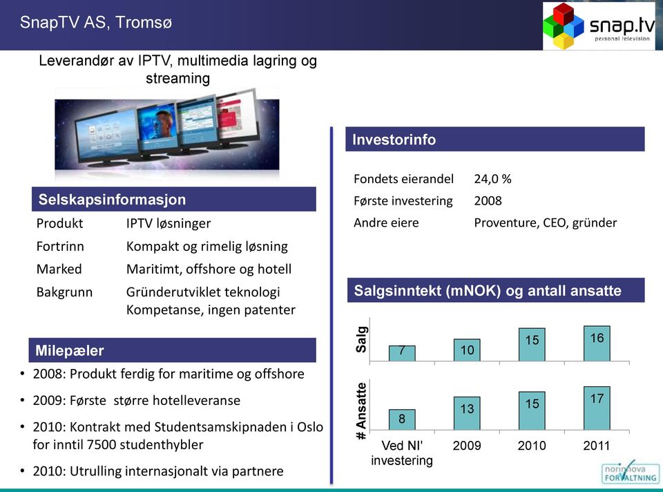 eiere Proventure, CEO, gründer Salgsinntekt (mnok) og ansatte Salgsinntekt (mnok) og antall ansatte Milepæler 2008: Produkt ferdig for maritime og offshore 2009: Første større