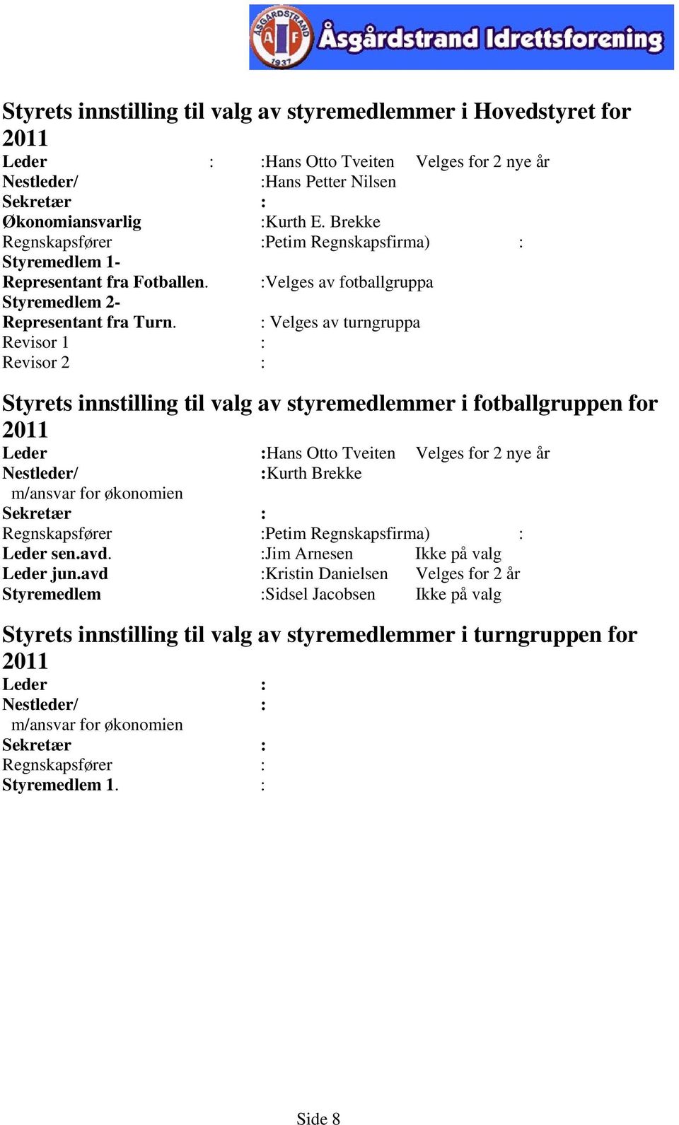 : Velges av turngruppa Revisor 1 : Revisor 2 : Styrets innstilling til valg av styremedlemmer i fotballgruppen for 2011 Leder :Hans Otto Tveiten Velges for 2 nye år Nestleder/ :Kurth Brekke m/ansvar