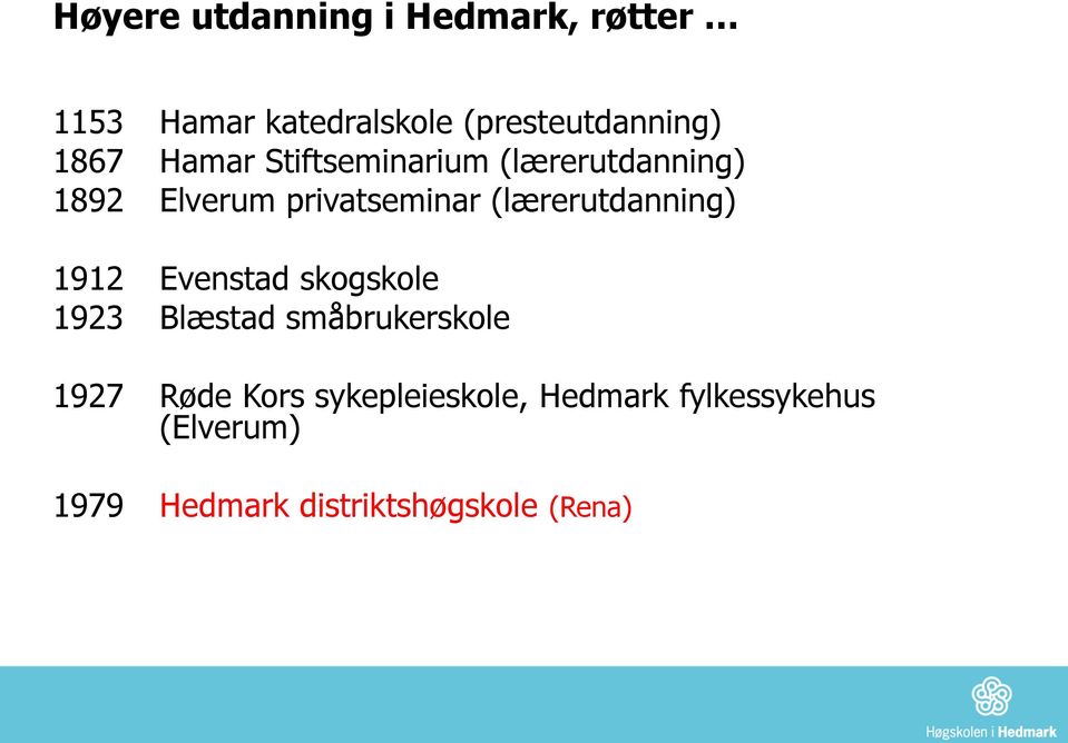 (lærerutdanning) 1912 Evenstad skogskole 1923 Blæstad småbrukerskole 1927 Røde