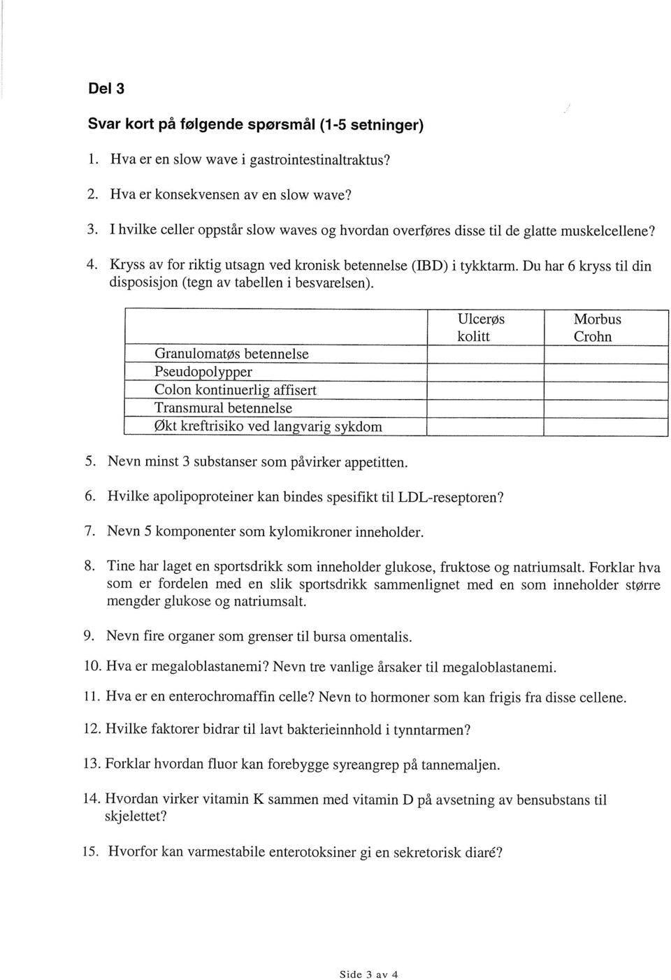 GranulomatØs betennelse Pseudopolypper Colon_kontinuerlig_affisert Transmural betennelse økt_kreftrisiko_ved_langvarig_sykdom 5. Nevn minst 3 substanser som påvirker appetitten.