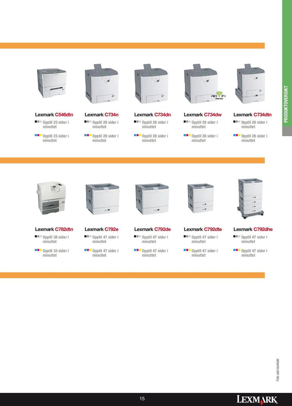 minuttet Lexmark C782dtn Lexmark C792e Lexmark C792de Lexmark C792dte Lexmark C792dhe Opptil 38 sider i minuttet Opptil 47 sider i minuttet Opptil 47 sider i minuttet Opptil 47 sider