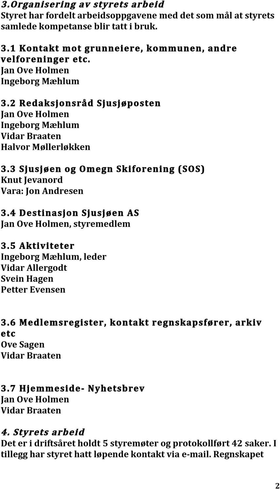 3 Sjusjøen og Omegn Skiforening (SOS) Knut Jevanord Vara: Jon Andresen 3.4 Destinasjon Sjusjøen AS Jan Ove Holmen, styremedlem 3.