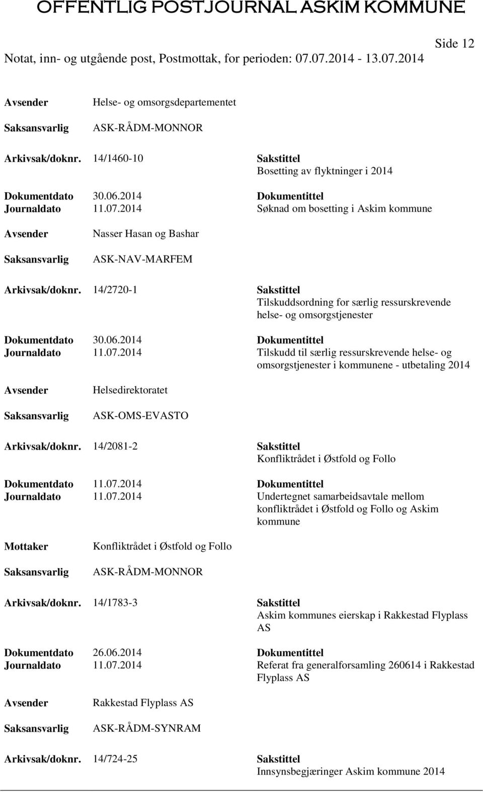 14/2720-1 Sakstittel Tilskuddsordning for særlig ressurskrevende helse- og omsorgstjenester Dokumentdato 30.06.2014 Dokumentittel Journaldato 11.07.