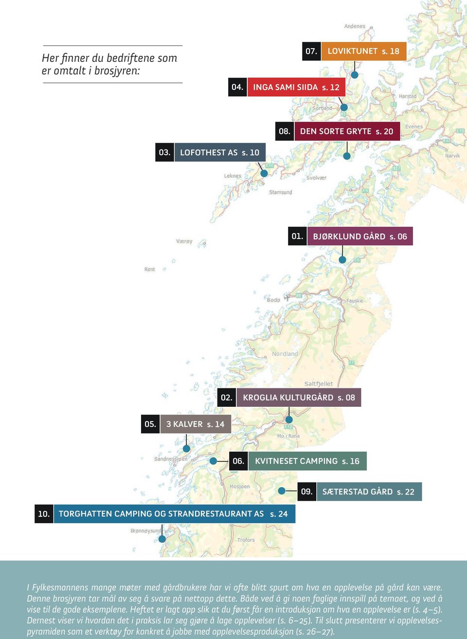 24 I Fylkesmannens mange møter med gårdbrukere har vi ofte blitt spurt om hva en opplevelse på gård kan være. Denne brosjyren tar mål av seg å svare på nettopp dette.