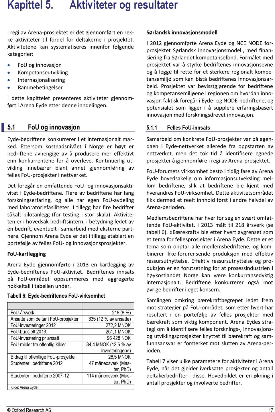 Arena Eyde etter denne inndelingen. 5.1 FoU og innovasjon Eyde-bedriftene konkurrerer i et internasjonalt marked.