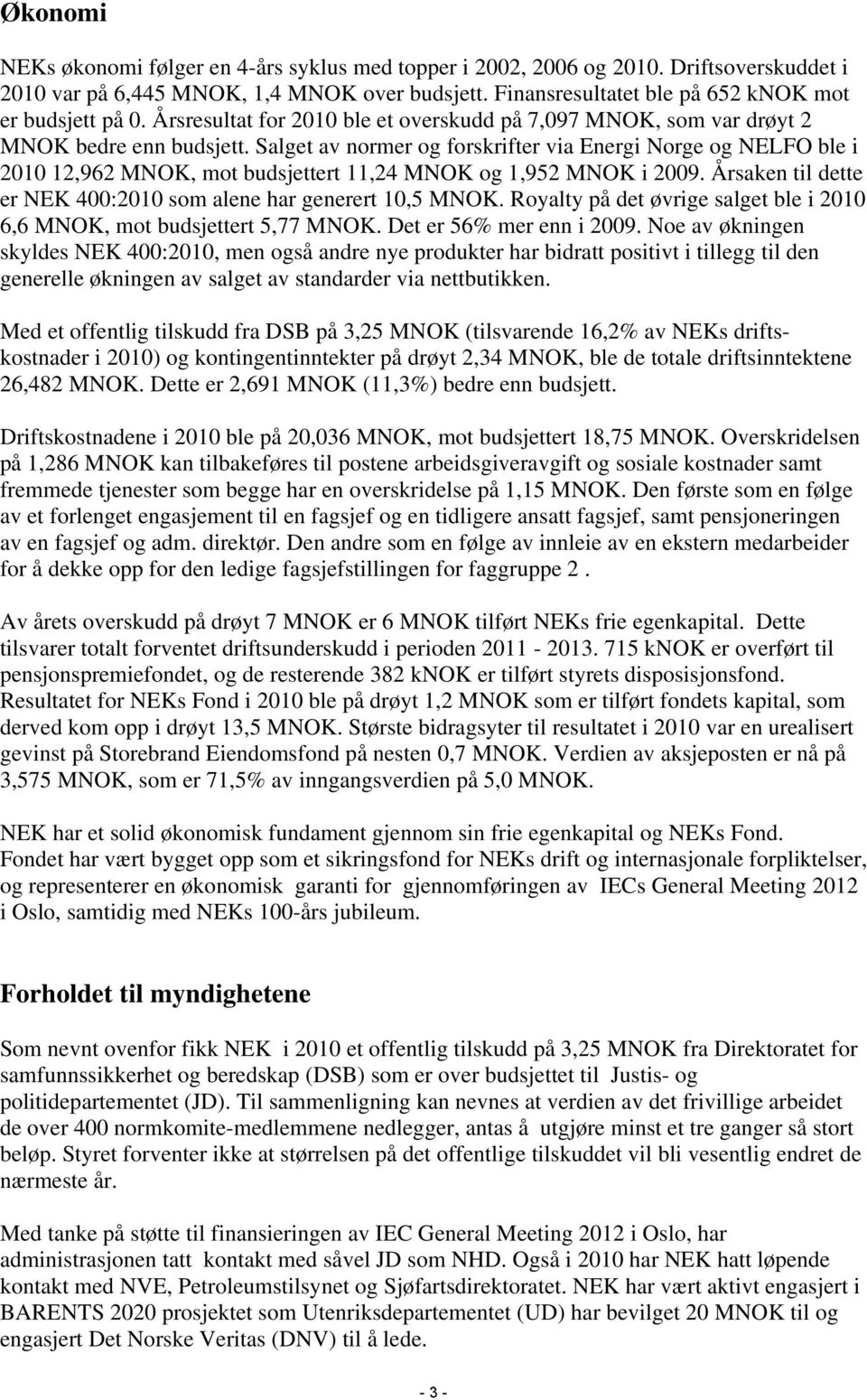 Salget av normer og forskrifter via Energi Norge og NELFO ble i 2010 12,962 MNOK, mot budsjettert 11,24 MNOK og 1,952 MNOK i 2009. Årsaken til dette er NEK 400:2010 som alene har generert 10,5 MNOK.