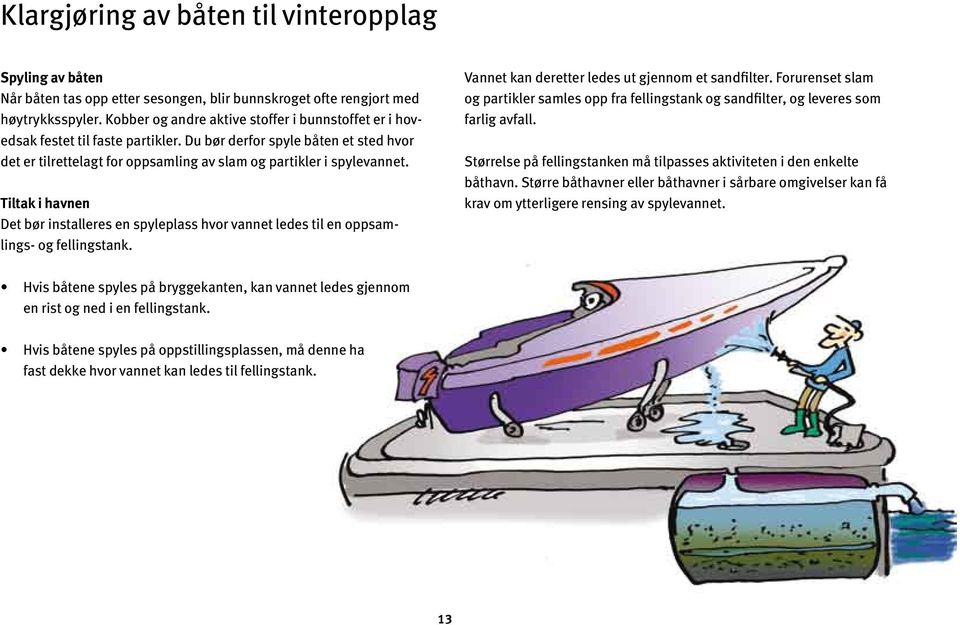 Tiltak i havnen Det bør installeres en spyleplass hvor vannet ledes til en oppsamlings- og fellingstank. Vannet kan deretter ledes ut gjennom et sandfilter.