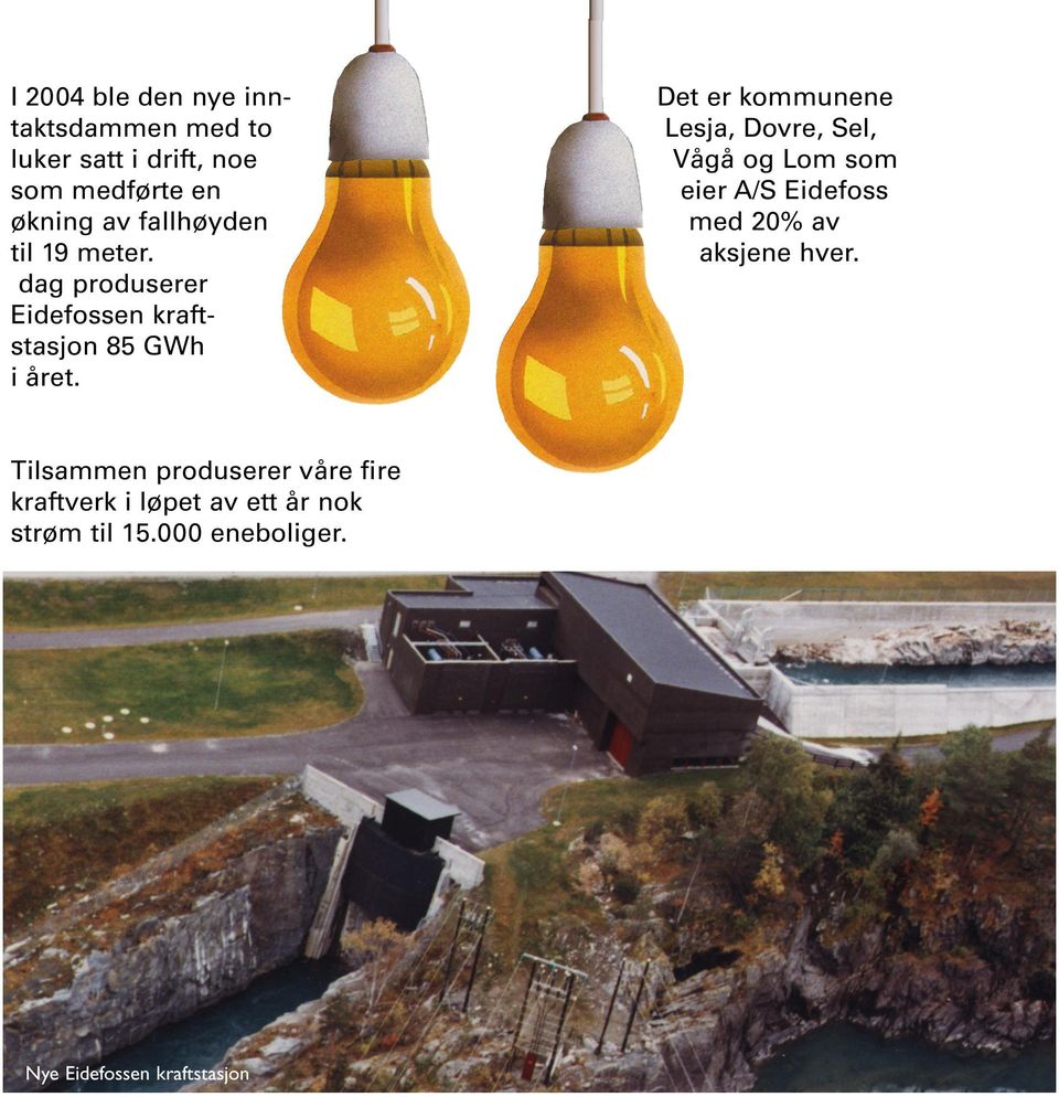 Det er kommunene Lesja, Dovre, Sel, Vågå og Lom som eier A/S Eidefoss med 20% av aksjene hver.