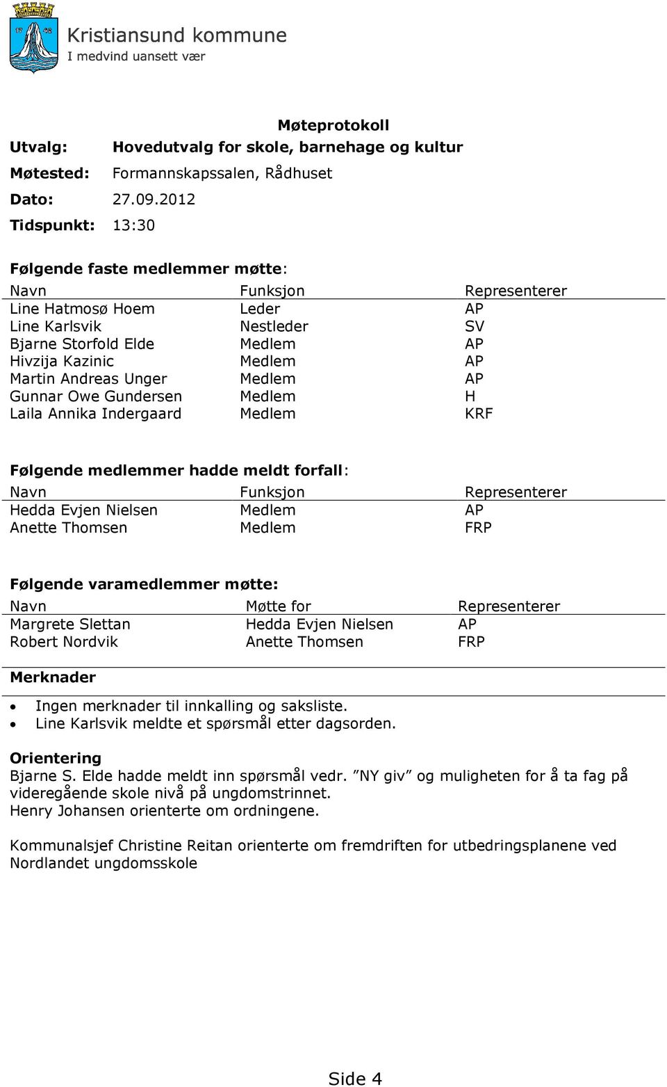 Andreas Unger Medlem AP Gunnar Owe Gundersen Medlem H Laila Annika Indergaard Medlem KRF Følgende medlemmer hadde meldt forfall: Navn Funksjon Representerer Hedda Evjen Nielsen Medlem AP Anette