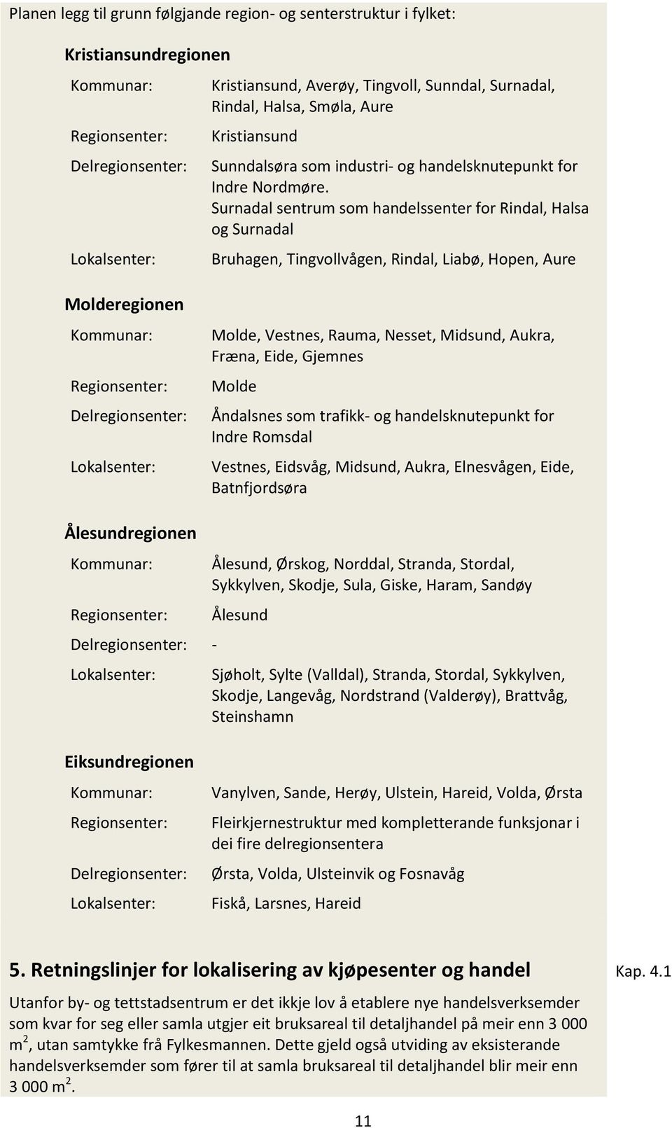 Surnadal sentrum som handelssenter for Rindal, Halsa og Surnadal Bruhagen, Tingvollvågen, Rindal, Liabø, Hopen, Aure Molderegionen Kommunar: Regionsenter: Delregionsenter: Lokalsenter: Molde,