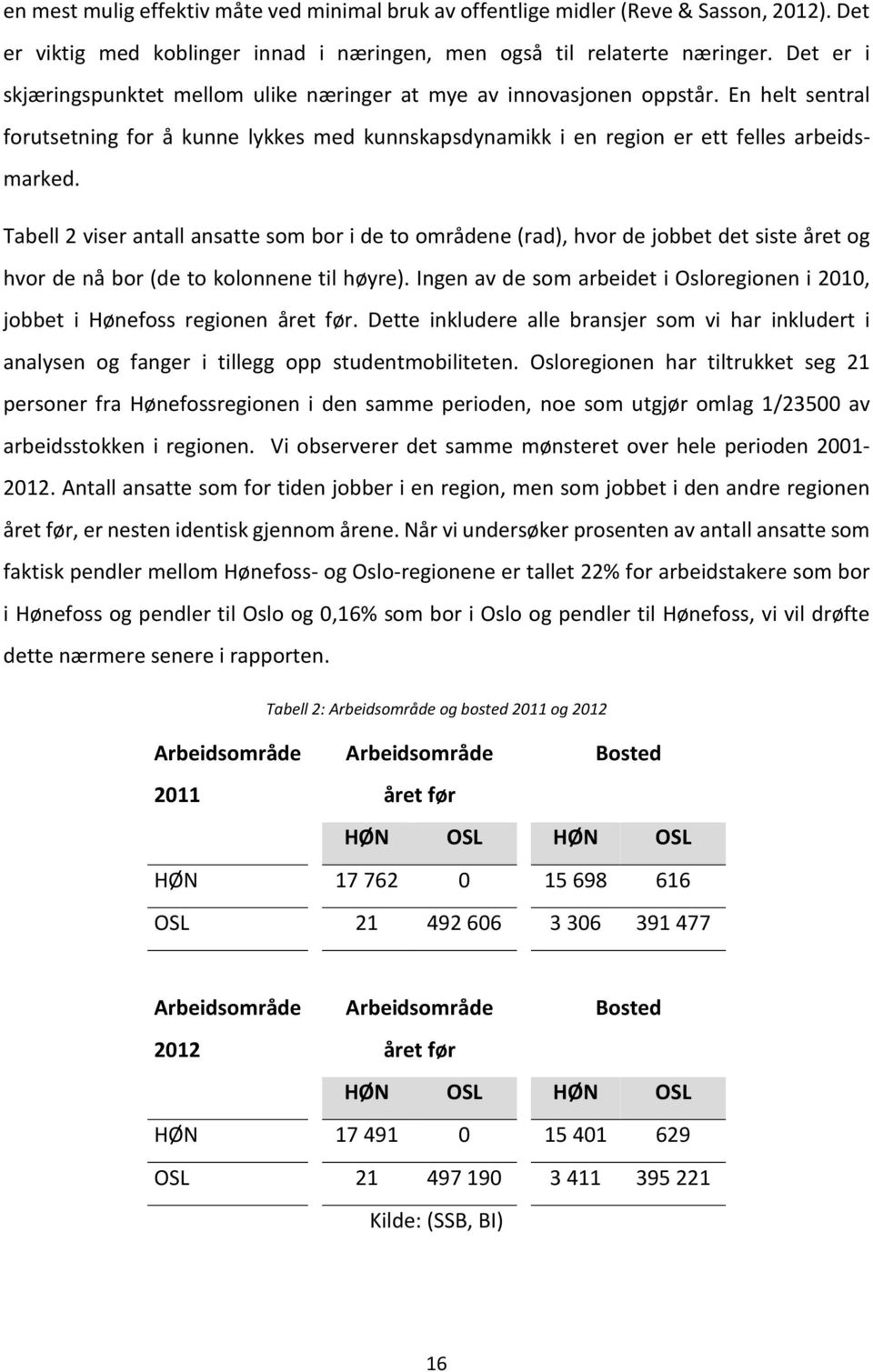 Tabell 2 viser antall ansatte som bor i de to områdene (rad), hvor de jobbet det siste året og hvor de nå bor (de to kolonnene til høyre).