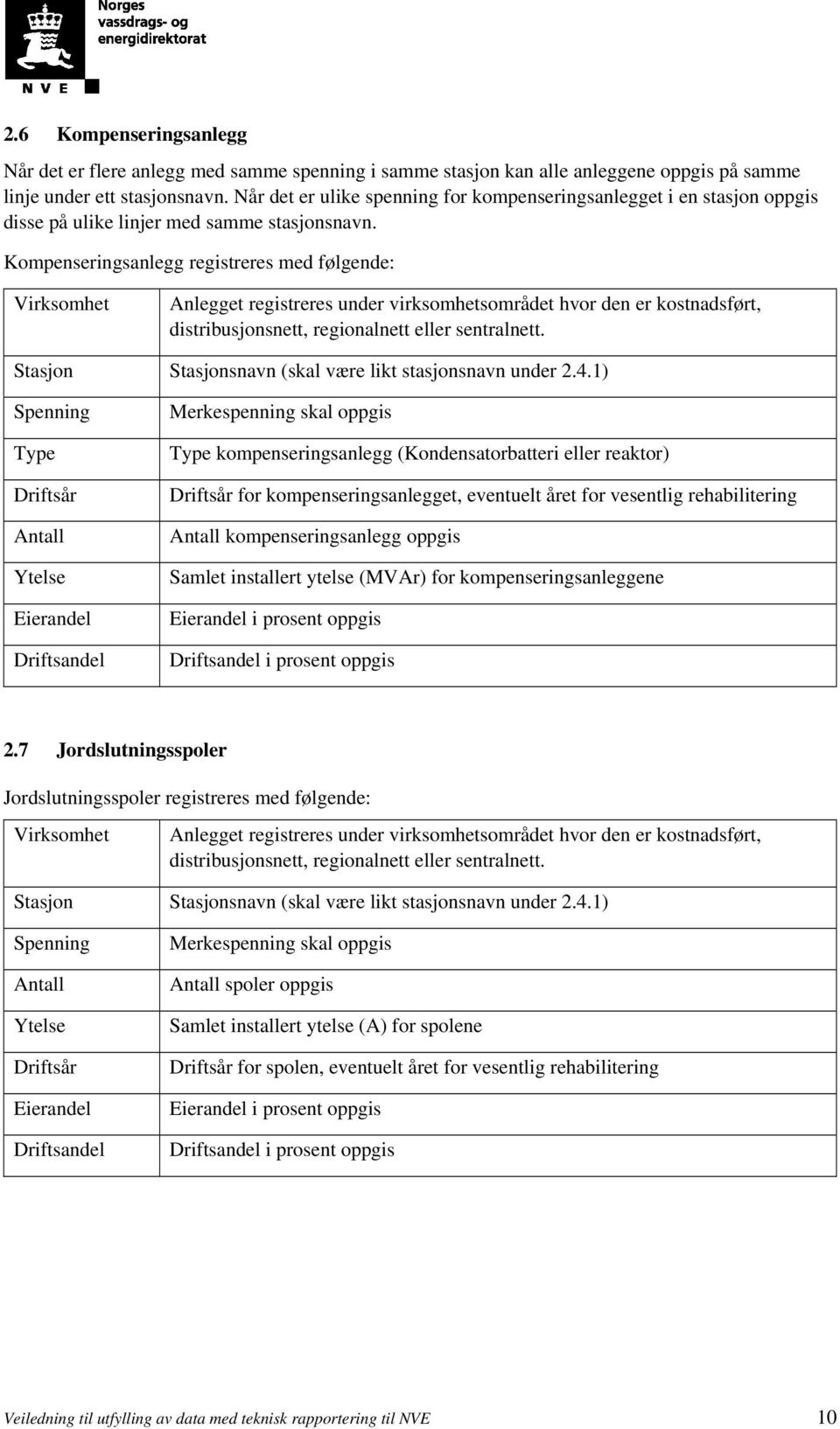 Kompenseringsanlegg registreres med følgende: Anlegget registreres under virksomhetsområdet hvor den er kostnadsført, distribusjonsnett, regionalnett eller sentralnett.