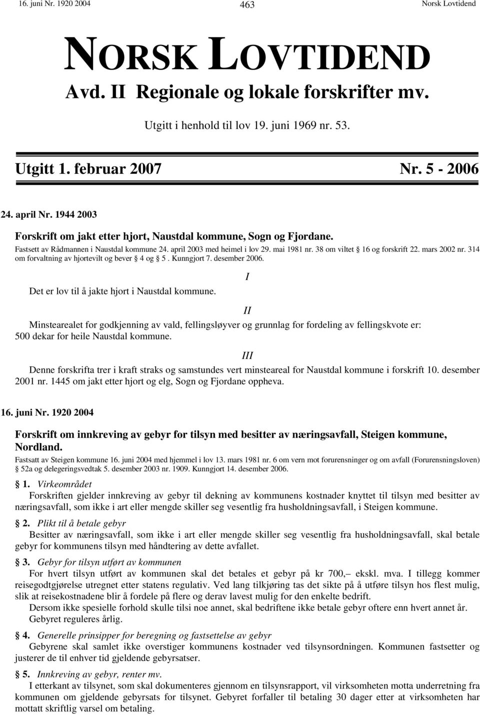 mars 2002 nr. 314 om forvaltning av hjortevilt og bever 4 og 5. Kunngjort 7. desember 2006. Det er lov til å jakte hjort i Naustdal kommune.