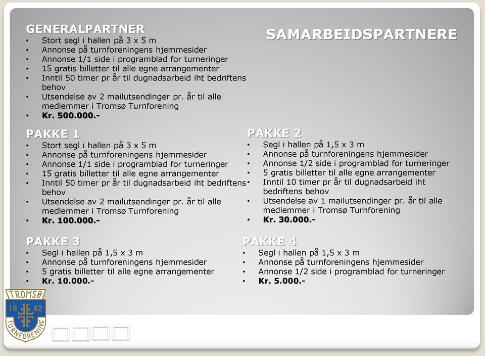 - PAKKE 1 Stort segl i hallen på 3 x 5 m Annonse på turnforeningens hjemmesider Annonse 1/1 side i programblad for turneringer 15 gratis billetter til alle egne arrangementer Inntil 50 timer pr år