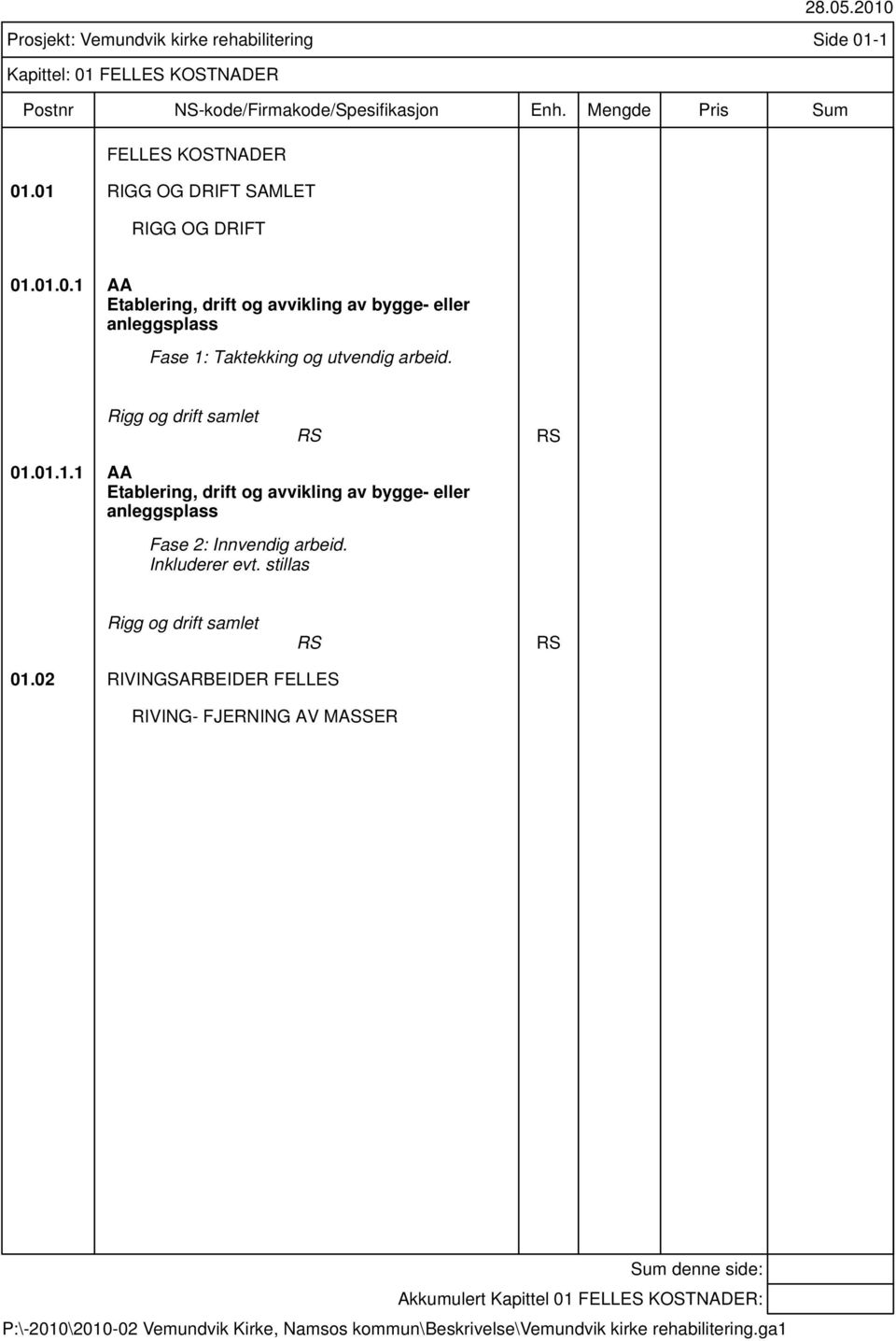 Rigg og drift samlet RS RS 01.01.1.1 AA Etablering, drift og avvikling av bygge- eller anleggsplass Fase 2: Innvendig arbeid.