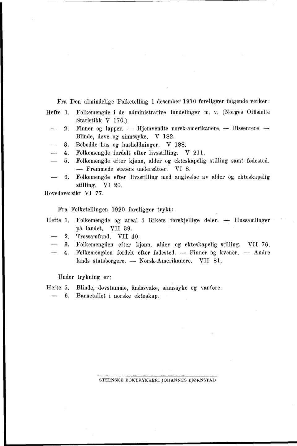 Fremmede staters undersåtter. Yl.. Folkemengde efter livsstilling med angivelse av alder og ekteskapelig stilling. VI 0. Hovedoversikt Yl. Fra Folketellingen 0 foreligger trykt: Hefte.