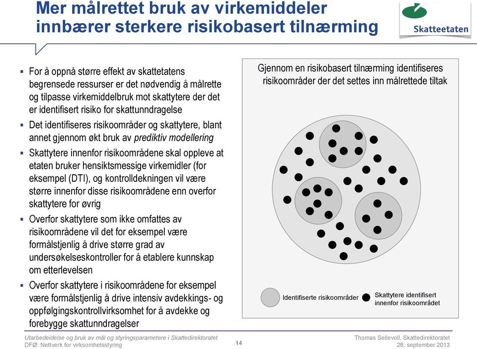 risikoområdene skal oppleve at etaten bruker hensiktsmessige virkemidler (for eksempel (DTI), og kontrolldekningen vil være større innenfor disse risikoområdene enn overfor skattytere for øvrig