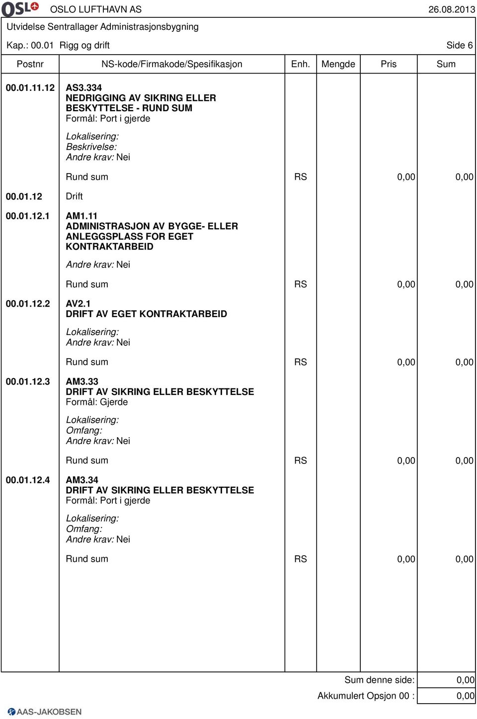 11 ADMINISTRASJON AV BYGGE- ELLER ANLEGGSPLASS FOR EGET KONTRAKTARBEID 00.01.12.2 AV2.1 DRIFT AV EGET KONTRAKTARBEID 00.01.12.3 AM3.