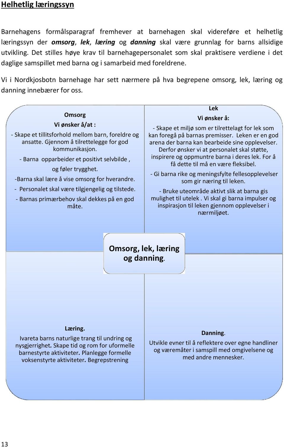 Vi i Nordkjosbotn barnehage har sett nærmere på hva begrepene omsorg, lek, læring og danning innebærer for oss. Omsorg Vi ønsker å/at : - Skape et tillitsforhold mellom barn, foreldre og ansatte.
