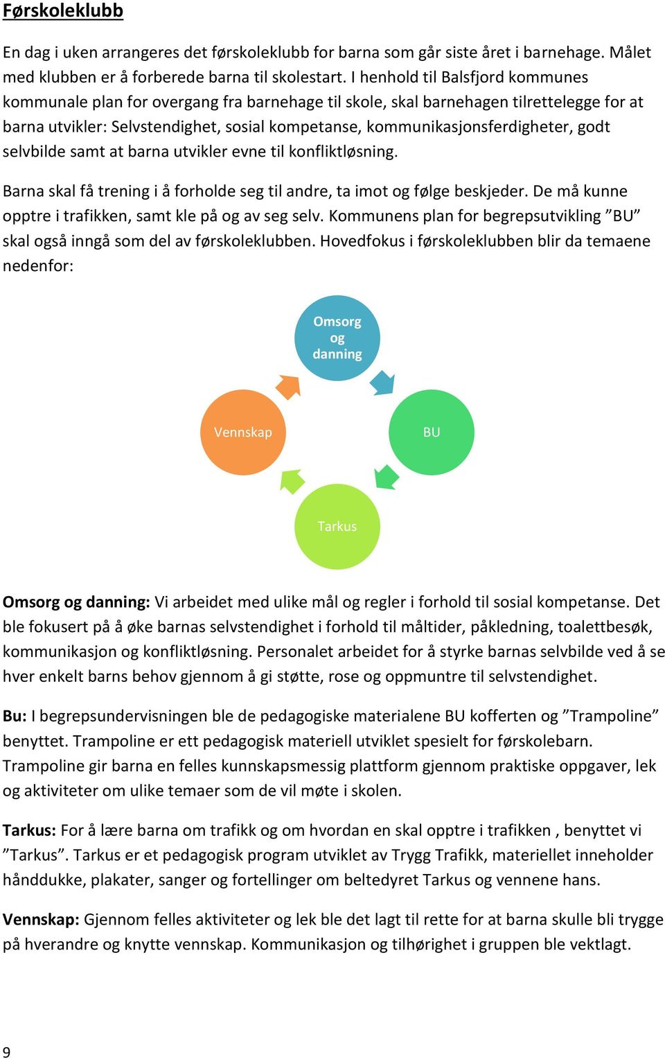 kommunikasjonsferdigheter, godt selvbilde samt at barna utvikler evne til konfliktløsning. Barna skal få trening i å forholde seg til andre, ta imot og følge beskjeder.