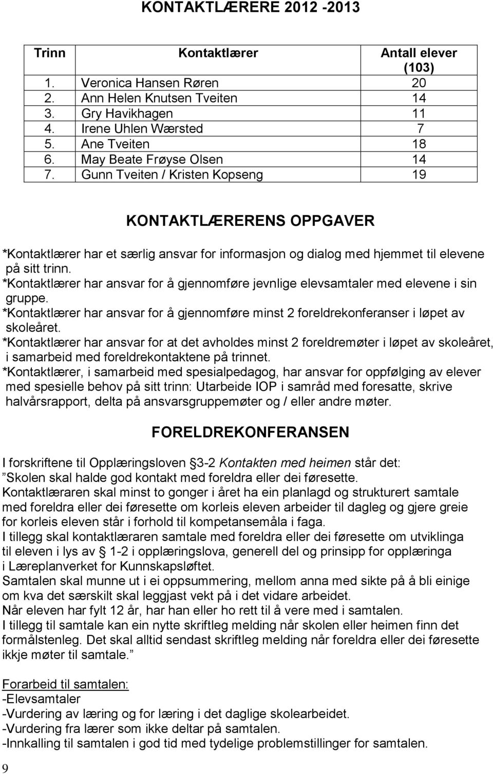 *Kontaktlærer har ansvar for å gjennomføre jevnlige elevsamtaler med elevene i sin gruppe. *Kontaktlærer har ansvar for å gjennomføre minst 2 foreldrekonferanser i løpet av skoleåret.