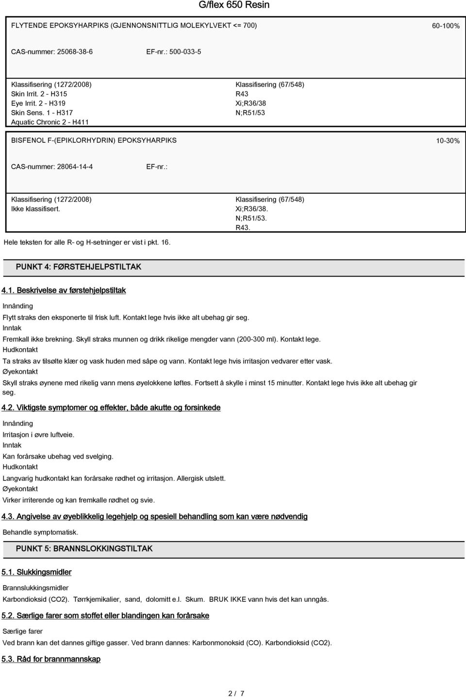 : Klassifisering (1272/2008) Ikke klassifisert. Klassifisering (67/548) Xi;R36/38. N;R51/53. R43. Hele teksten for alle R- og H-setninger er vist i pkt. 16. PUNKT 4: FØRSTEHJELPSTILTAK 4.1. Beskrivelse av førstehjelpstiltak Innånding Flytt straks den eksponerte til frisk luft.