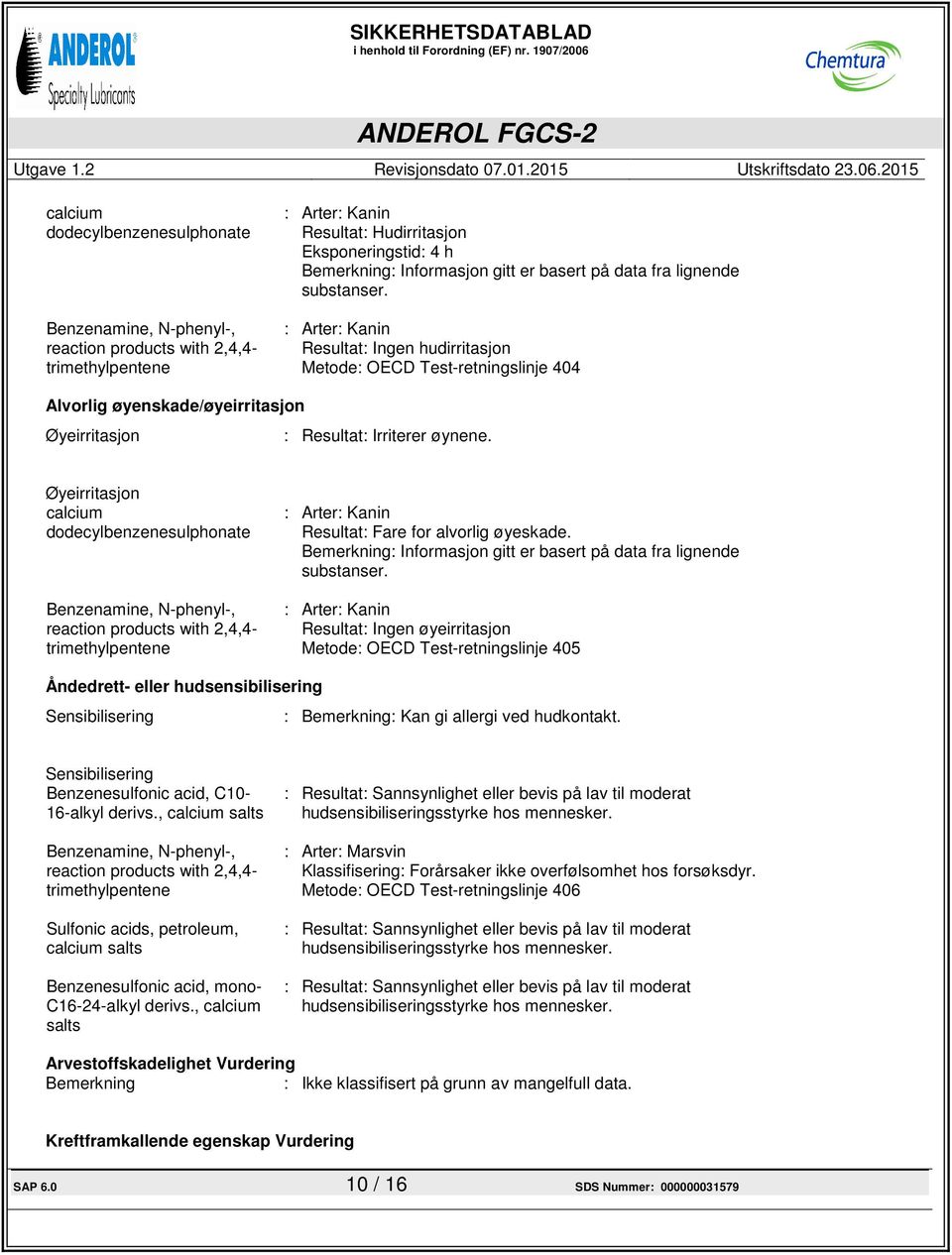 Øyeirritasjon calcium dodecylbenzenesulphonate : Arter: Kanin Resultat: Fare for alvorlig øyeskade. Bemerkning: Informasjon gitt er basert på data fra lignende substanser.