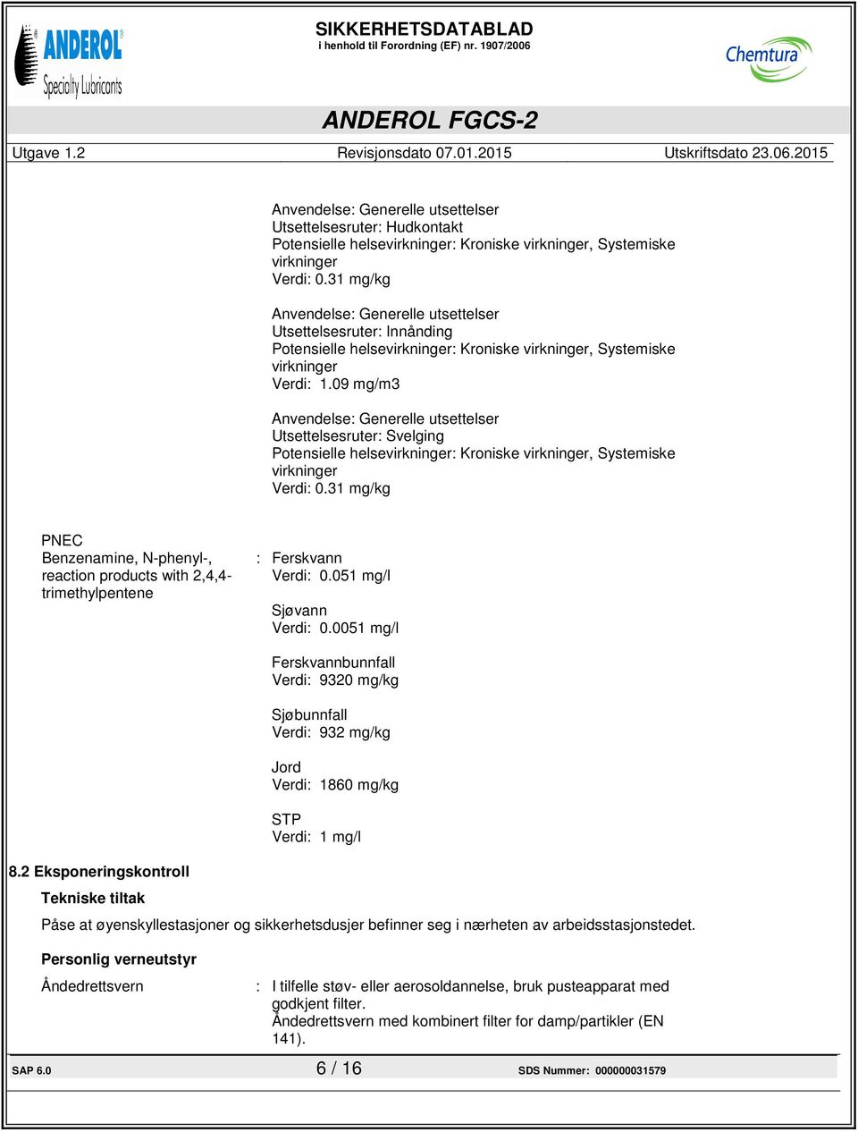 09 mg/m3 Anvendelse: Generelle utsettelser Utsettelsesruter: Svelging Potensielle helsevirkninger: Kroniske virkninger, Systemiske virkninger Verdi: 0.31 mg/kg PNEC : Ferskvann Verdi: 0.