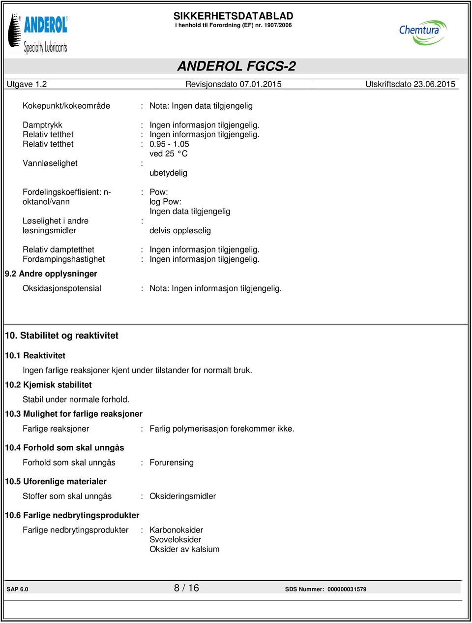 2 Andre opplysninger Oksidasjonspotensial : Pow: log Pow: Ingen data tilgjengelig : delvis oppløselig : Ingen informasjon tilgjengelig. : Ingen informasjon tilgjengelig. : Nota: Ingen informasjon tilgjengelig.