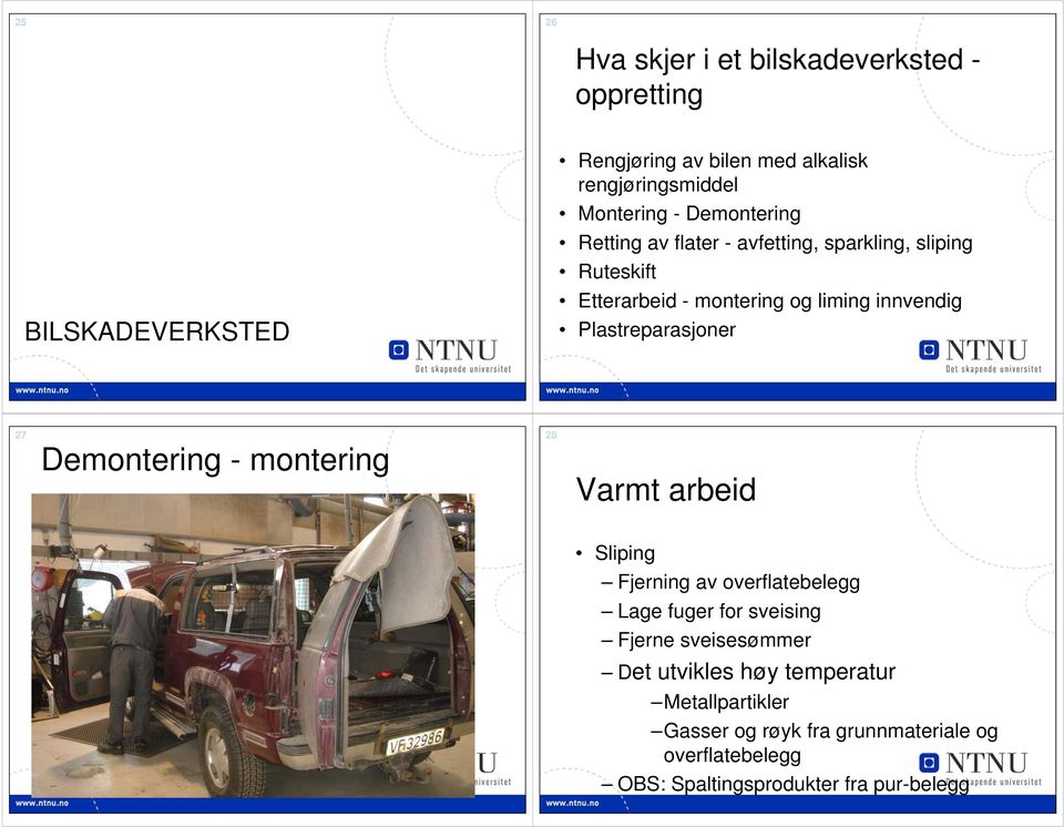 Plastreparasjoner 27 Demontering - montering 28 Varmt arbeid Sliping Fjerning av overflatebelegg Lage fuger for sveising Fjerne