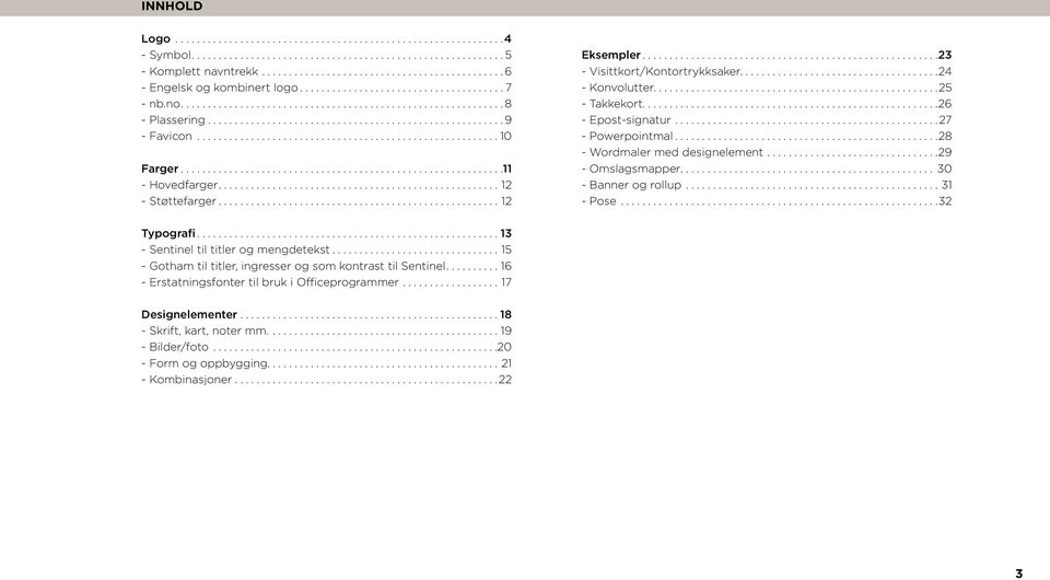 Epost-signatur 27 - Powerpointmal 28 - Wordmaler med designelement 29 - Omslagsmapper 30 - Banner og rollup 31 - Pose 32 Typografi 13 - Sentinel til titler og