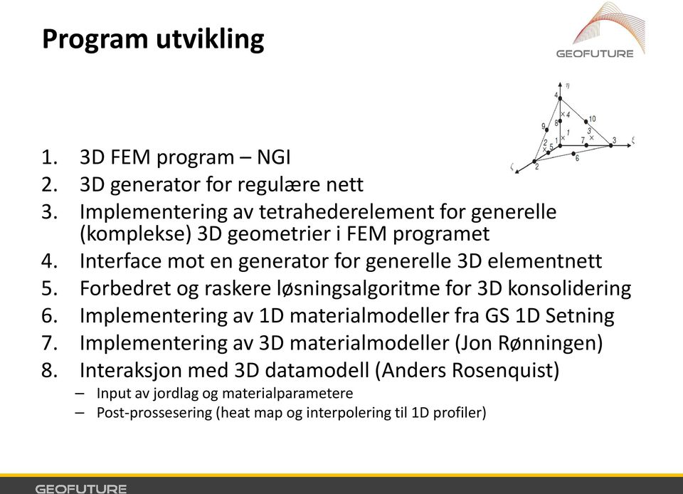 Interface mot en generator for generelle 3D elementnett 5. Forbedret og raskere løsningsalgoritme for 3D konsolidering 6.