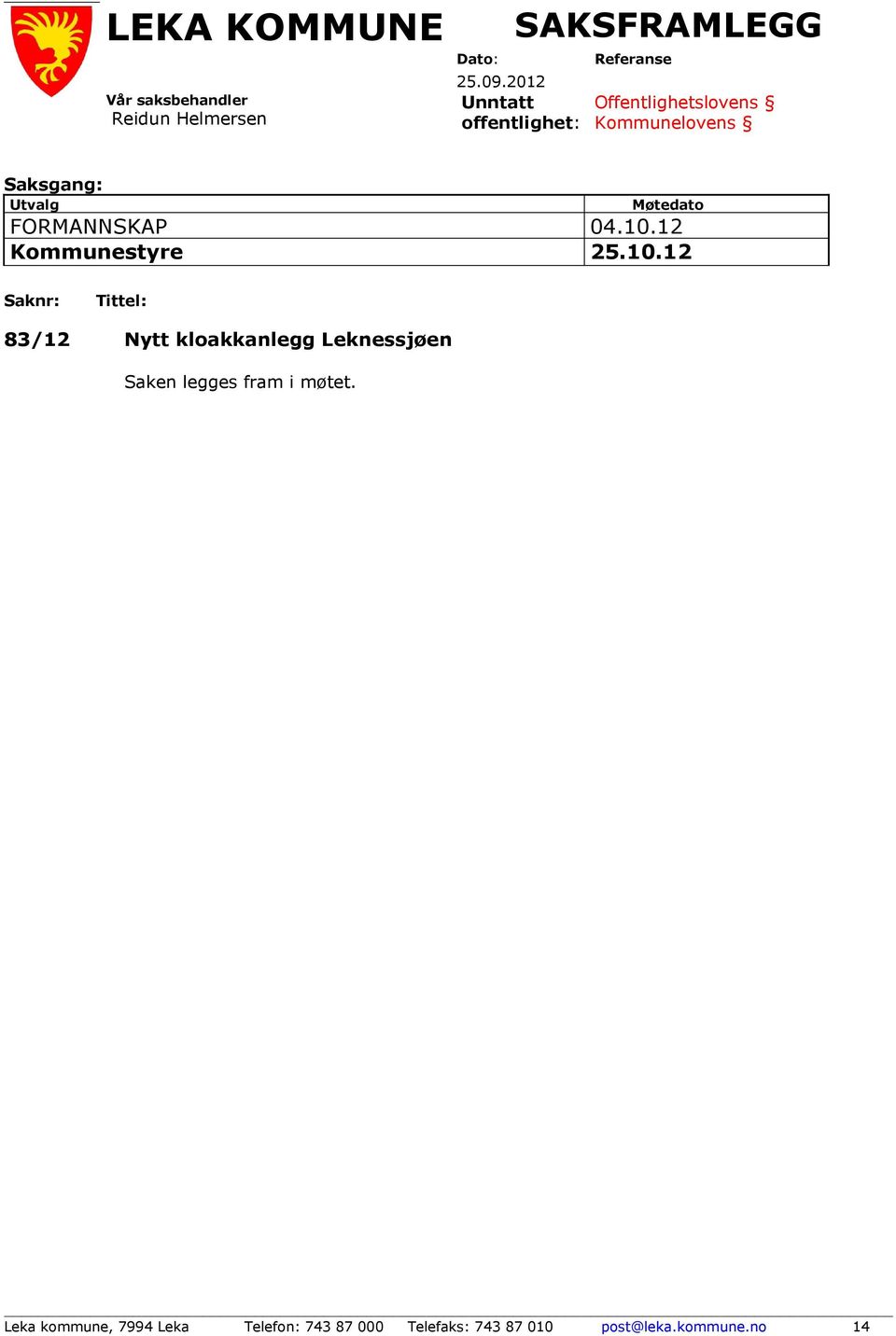 Møtedato FORMANNSKAP 04.10.