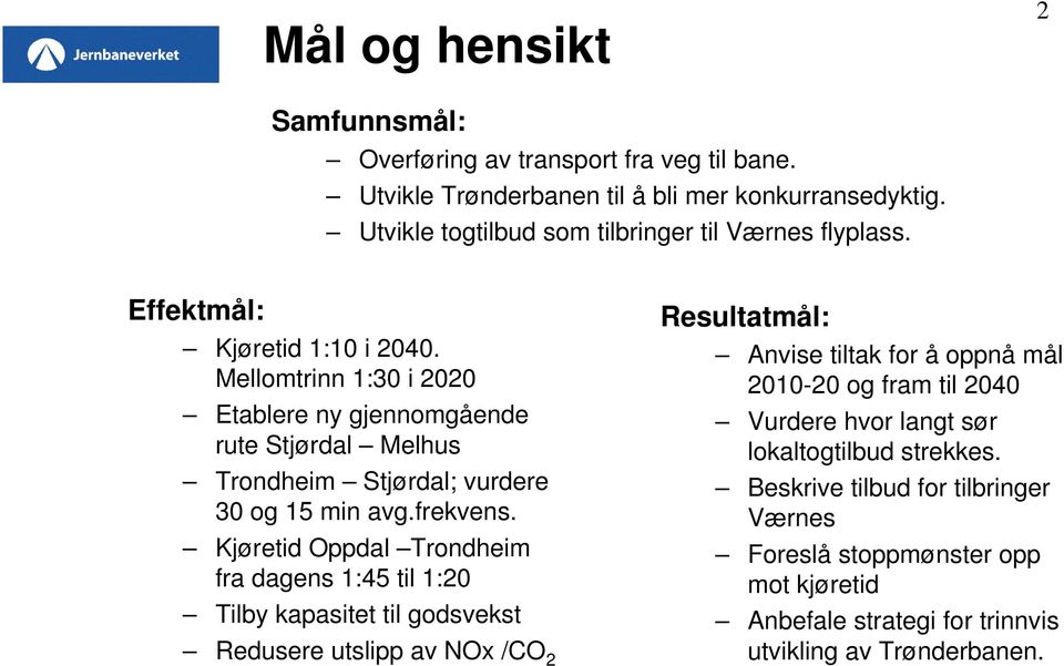 Mellomtrinn 1:3 i 22 Etablere ny gjennomgående rute Stjørdal Melhus Trondheim Stjørdal; vurdere 3 og 15 min avg.frekvens.