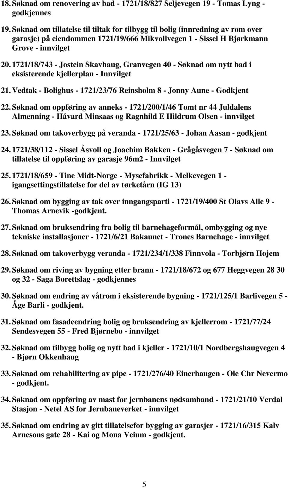 1721/18/743 - Jostein Skavhaug, Granvegen 40 - Søknad om nytt bad i eksisterende kjellerplan - Innvilget 21. Vedtak - Bolighus - 1721/23/76 Reinsholm 8 - Jonny Aune - Godkjent 22.