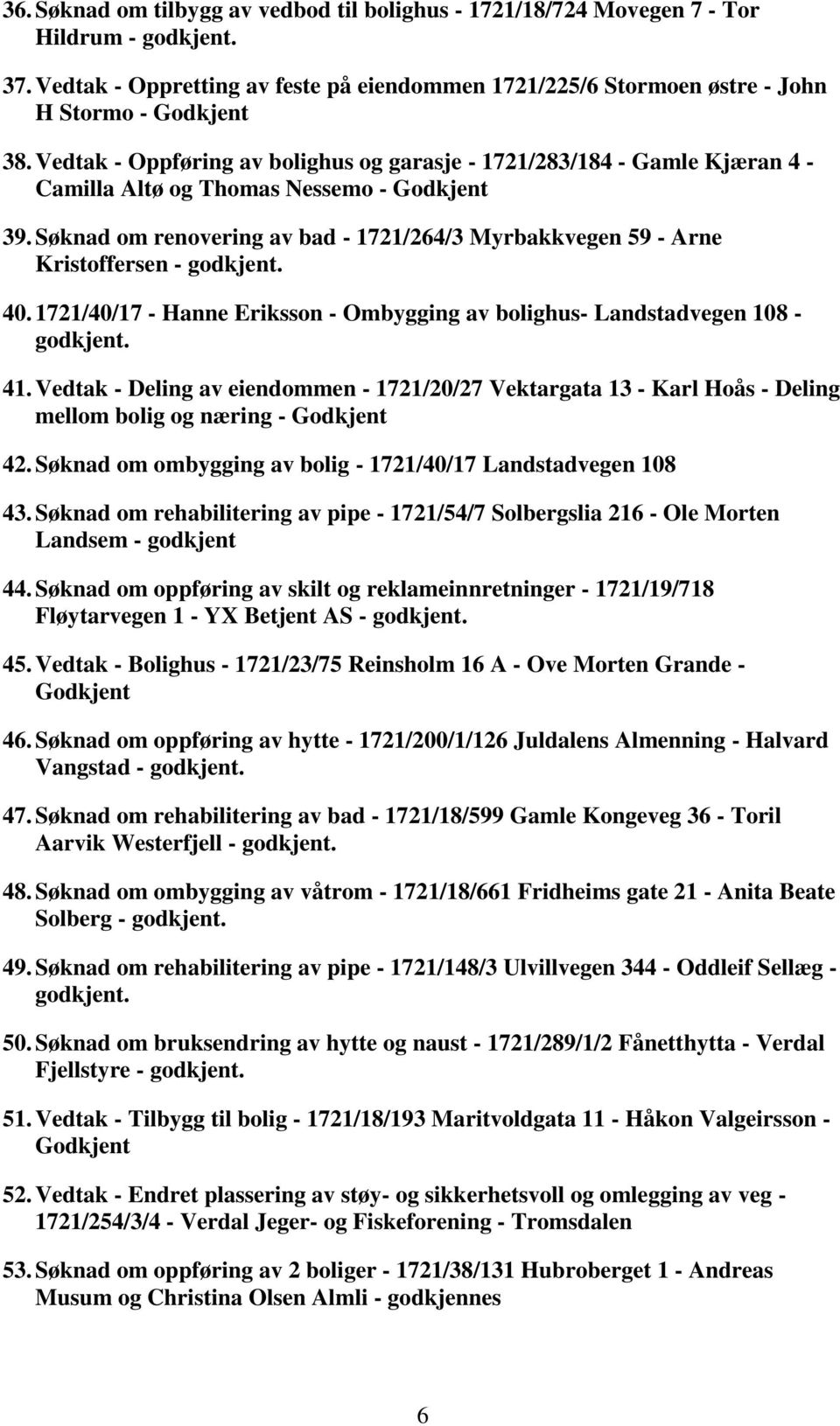 Søknad om renovering av bad - 1721/264/3 Myrbakkvegen 59 - Arne Kristoffersen - godkjent. 40. 1721/40/17 - Hanne Eriksson - Ombygging av bolighus- Landstadvegen 108 - godkjent. 41.