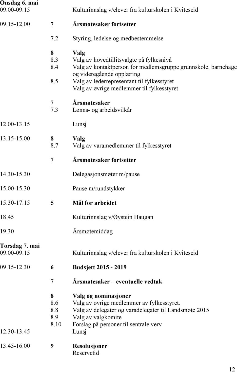 5 Valg av lederrepresentant til fylkesstyret Valg av øvrige medlemmer til fylkesstyret 7 Årsmøtesaker 7.3 Lønns- og arbeidsvilkår 13.15-15.00 8 Valg 8.