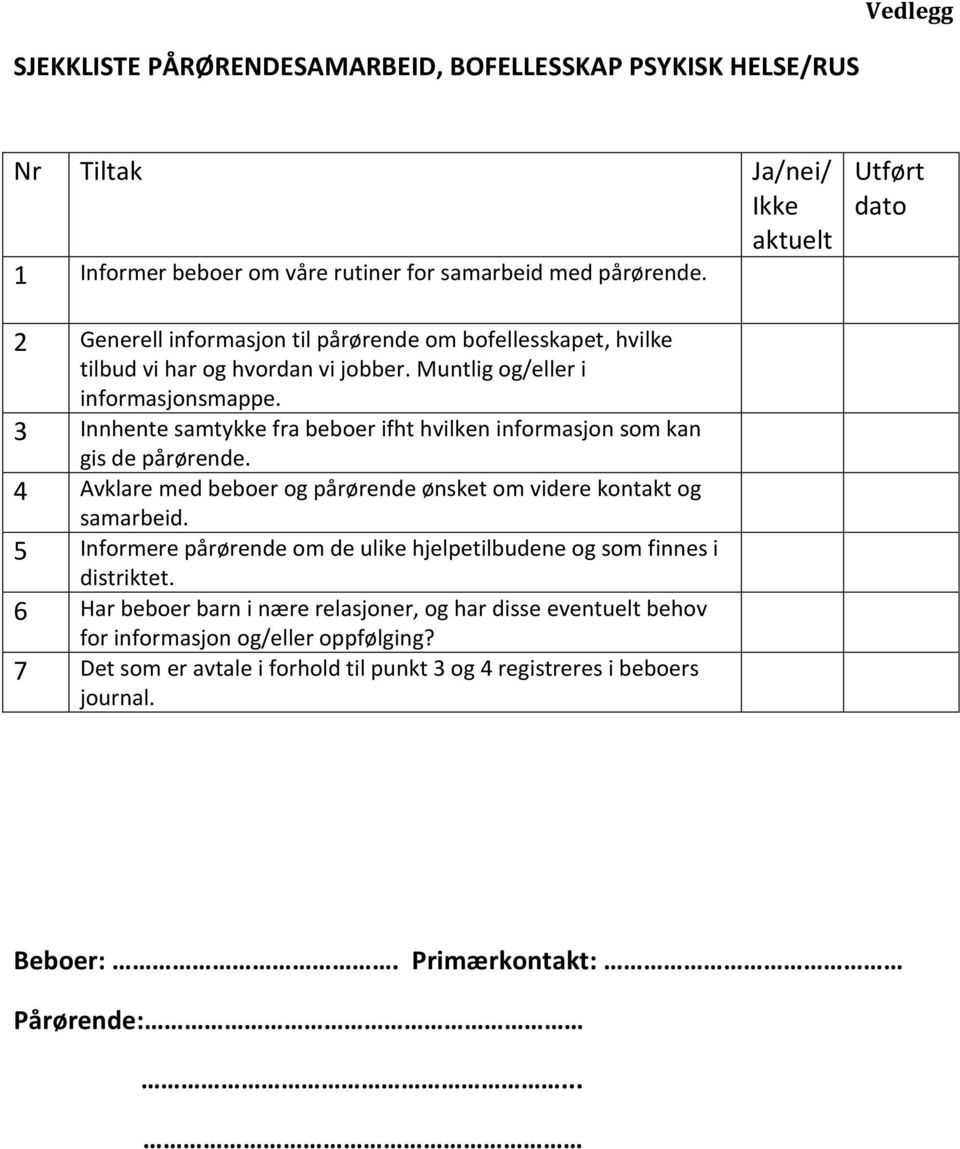 3 Innhente samtykke fra beboer ifht hvilken informasjon som kan gis de pårørende. 4 Avklare med beboer og pårørende ønsket om videre kontakt og samarbeid.