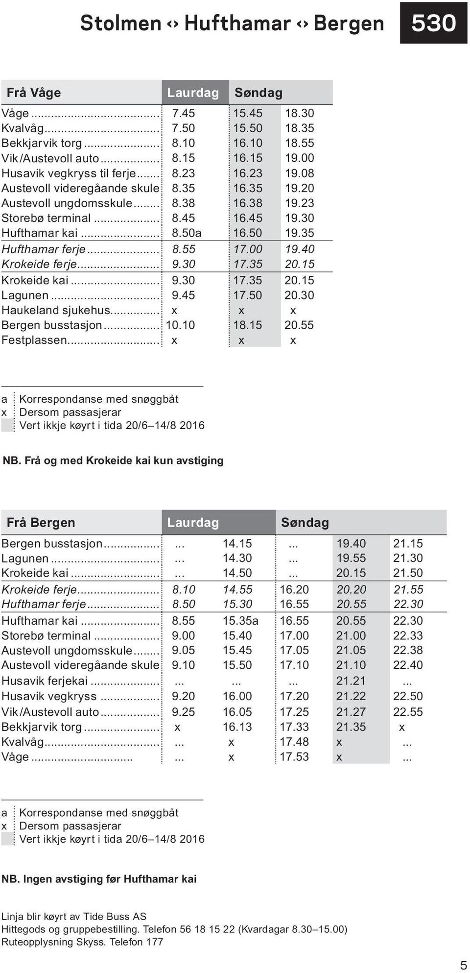 50 19.35 Hufthamar ferje... 8.55 17.00 19.40 Krokeide ferje... 9.30 17.35 20.15 Krokeide kai... 9.30 17.35 20.15 Lagunen... 9.45 17.50 20.30 Haukeland sjukehus... x x x Bergen busstasjon... 10.10 18.