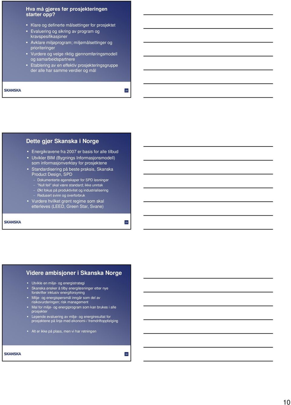 gjennomføringsmodell og samarbeidspartnere Etablering av en effektiv prosjekteringsgruppe der alle har samme verdier og mål 28 Dette gjør Skanska i Norge Energikravene fra 2007 er basis for alle
