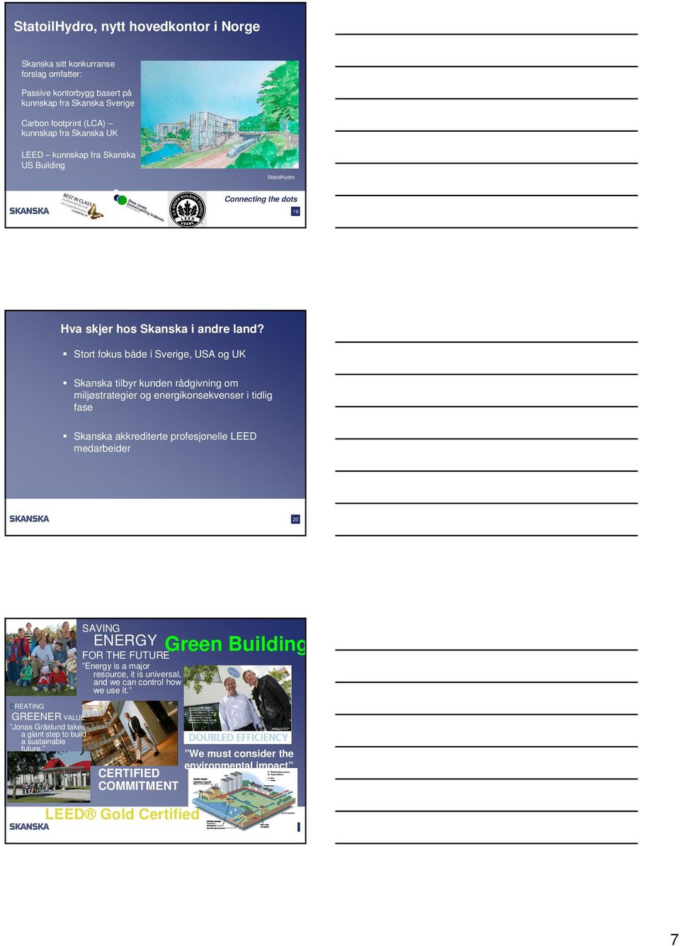 Stort fokus både i Sverige, USA og UK Skanska tilbyr kunden rådgivning om miljøstrategier og energikonsekvenser i tidlig fase Skanska akkrediterte profesjonelle LEED medarbeider 20 SAVING
