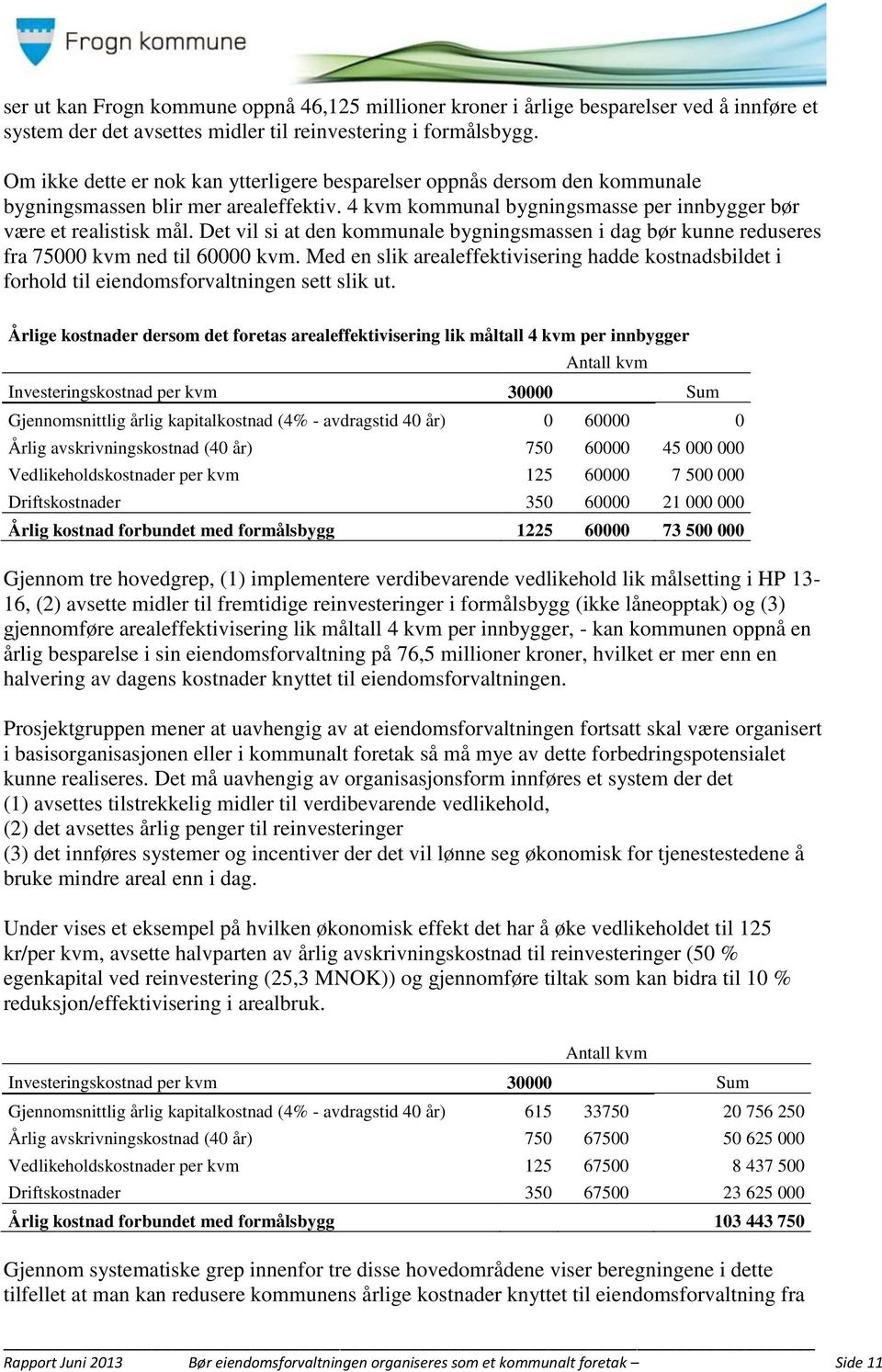 Det vil si at den kommunale bygningsmassen i dag bør kunne reduseres fra 75000 kvm ned til 60000 kvm.