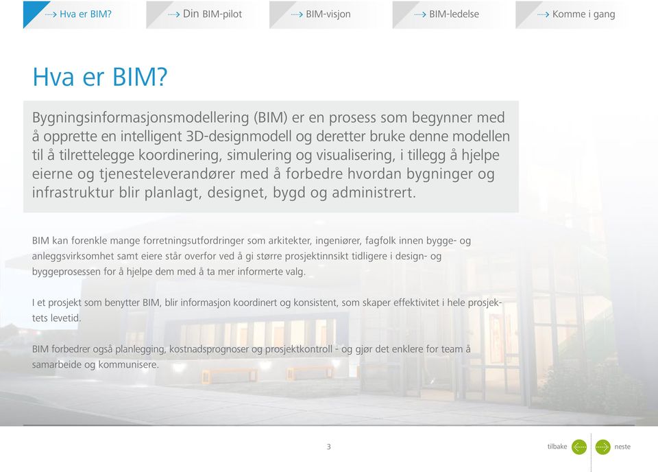 visualisering, i tillegg å hjelpe eierne og tjeleverandører med å forbedre hvordan bygninger og infrastruktur blir planlagt, designet, bygd og administrert.